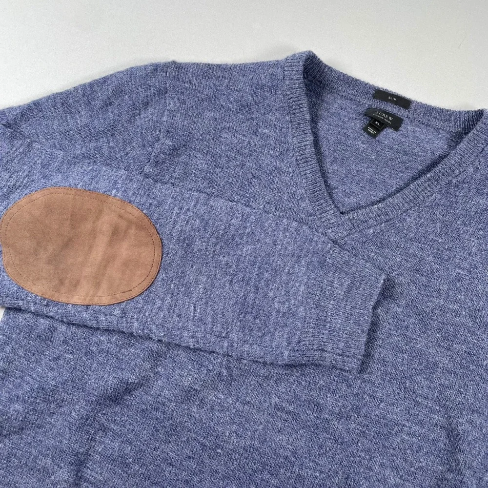 J.‎ Crew Merino Wool Sweater V-Neck Elbow Patch Slim Fit Blue XL